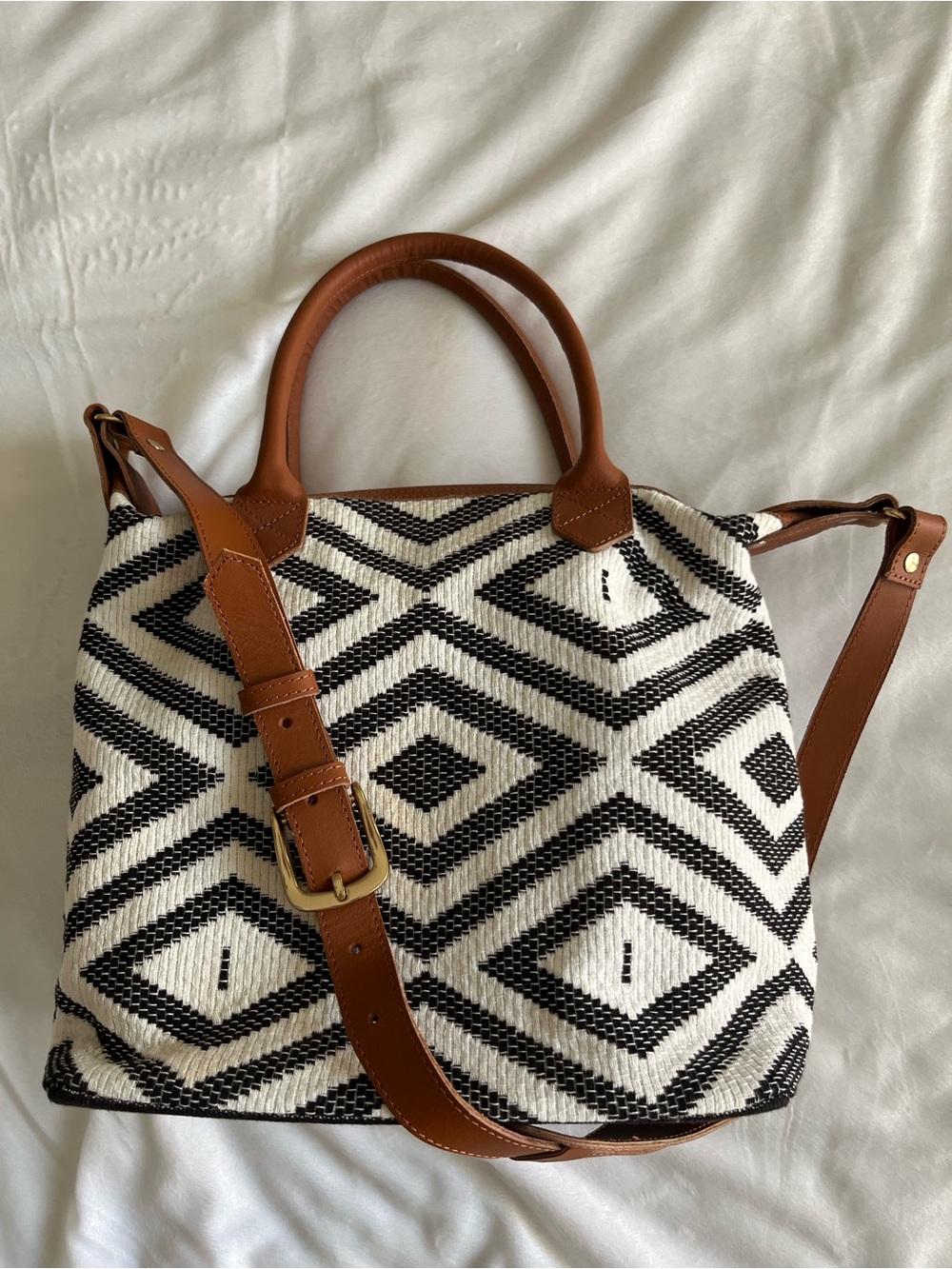 Tribe Alive Woven Diamond-Pattern Tote with Leather Trim - Black & White